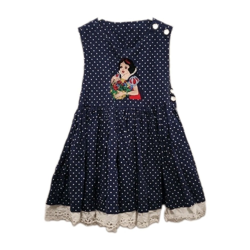 Vintage Disney Store Embroidered Snow White Navy & Polka Dot Dress W/Eyelet Trim
